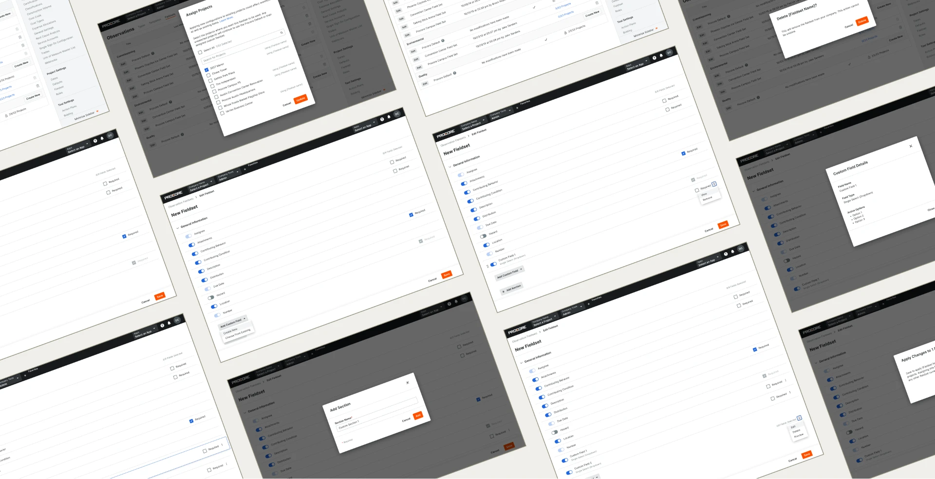 Product design screens for Procore fieldsets